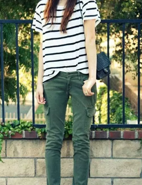 Olive green denim with striped t-shirt