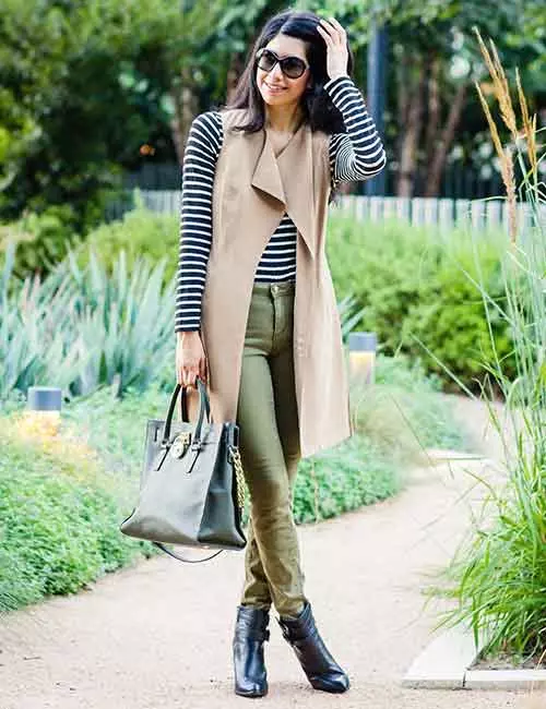 Camel trench top with olive green pants