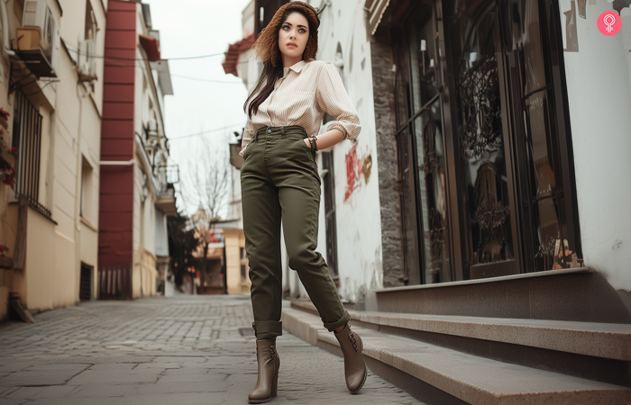 Woman with olive green pants and ankle boots 