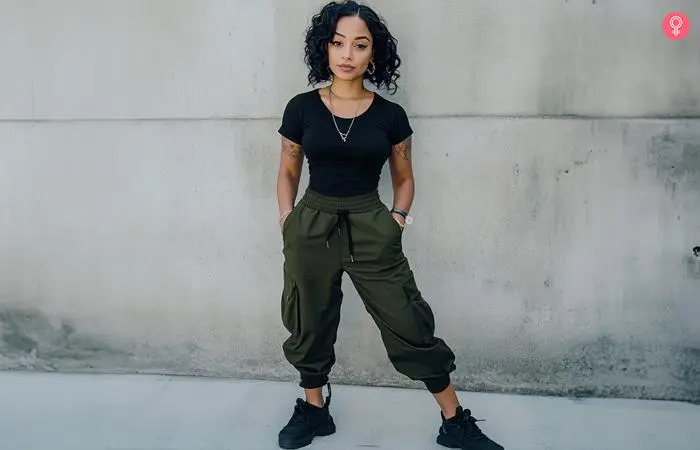 Olive green jogger pants with a crop top and big glasses