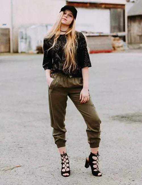 Olive green joggers with a lace top