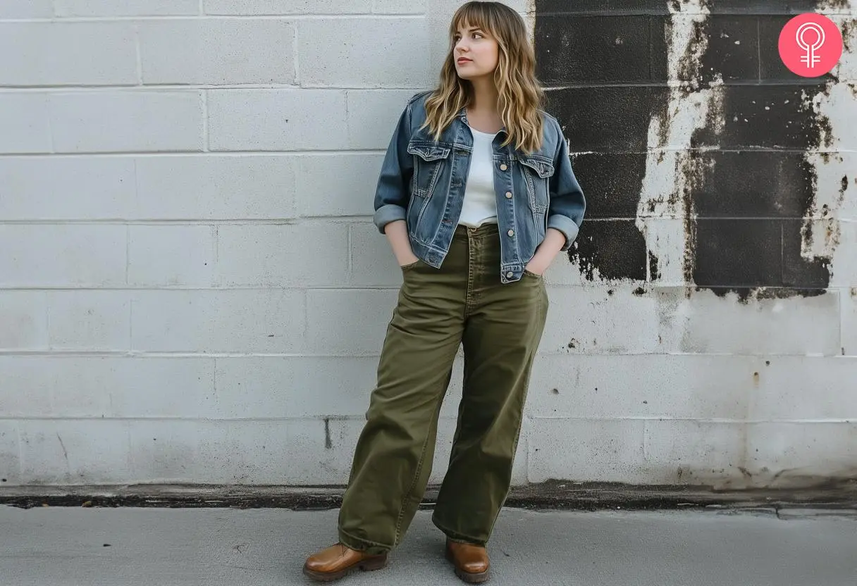 A denim jacket with olive green pants