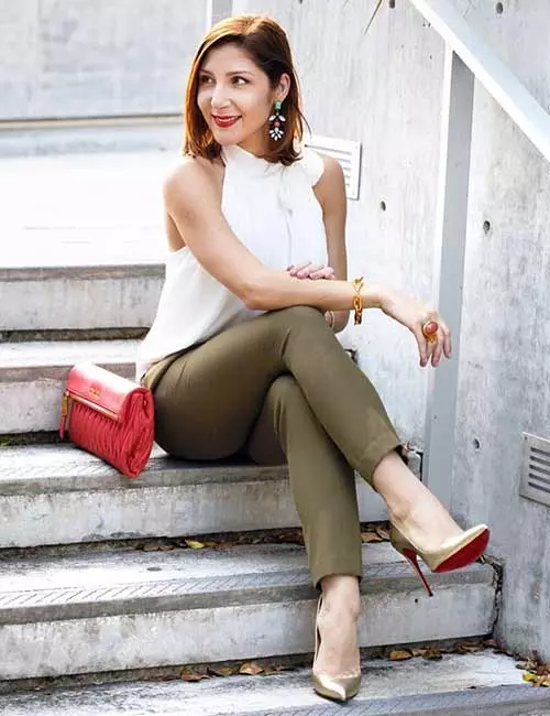 Olive green pencil pants with pastel tops
