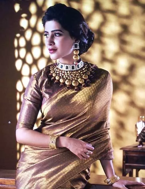Samantha in a golden pattu saree