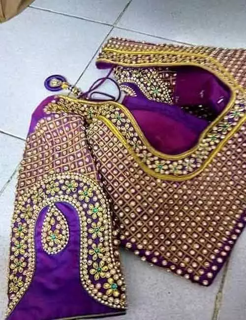 Full violet stonework blouse design with vanki motifs