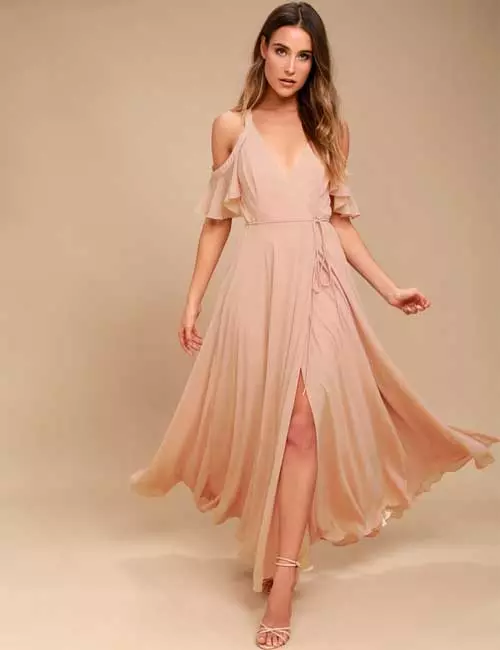 Blush pink cold shoulder maxi dress for fall wedding
