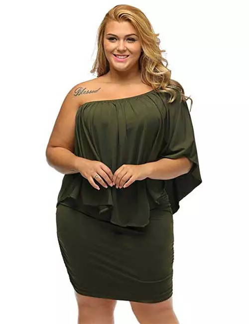 Olive green off shoulder ruffles dress for fall wedding event