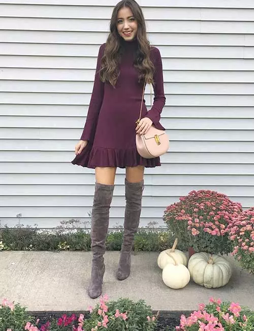 Burgundy short dress and otk boots for outdoor fall wedding