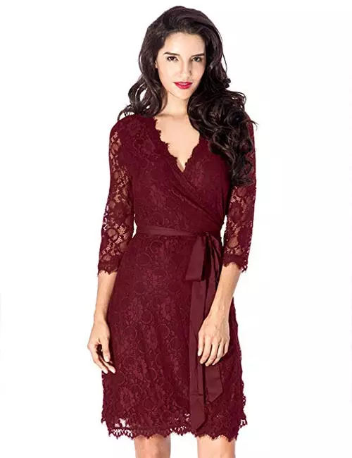 Magenta wrap style cocktail lace dress for fall wedding event