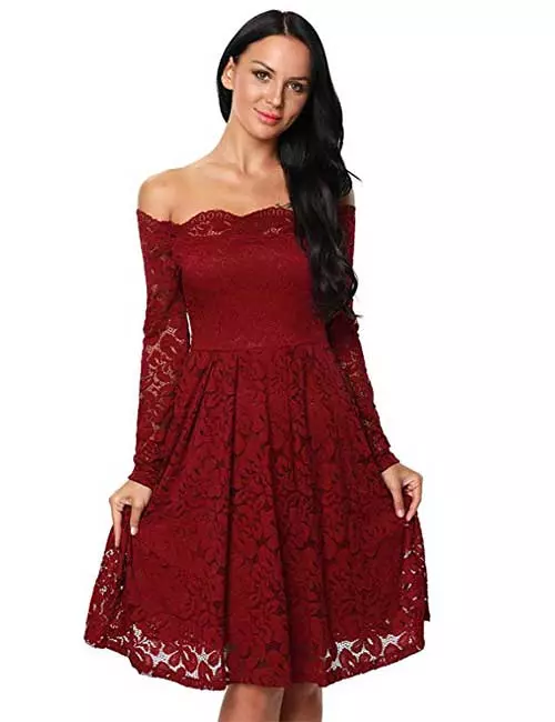 Red off shoulder lace dress for fall wedding event