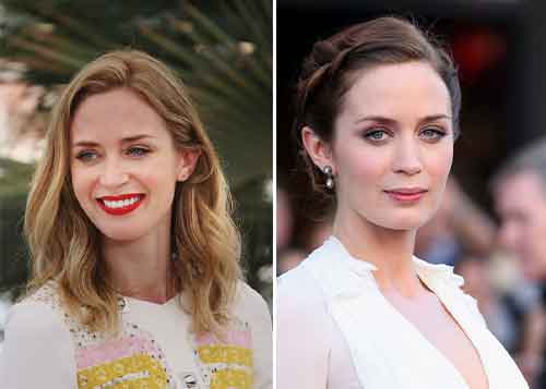 Emily Blunt sporting blonde and brunette hair looks