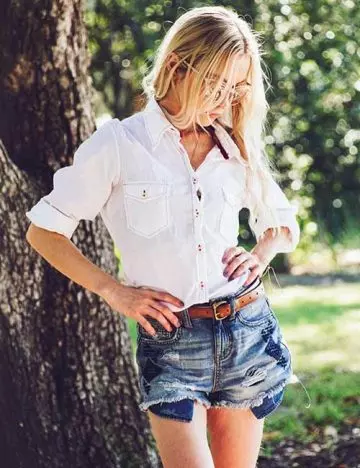 High waisted distressed shorts with button-up shirt