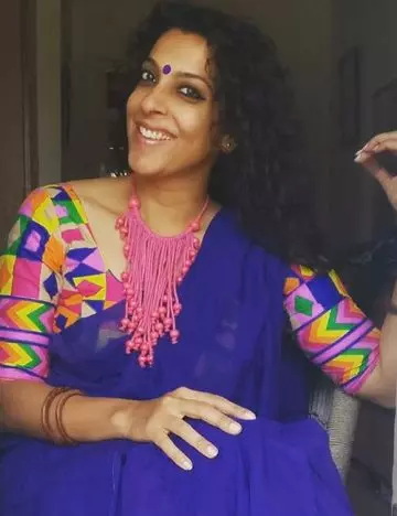 Plain blue saree with Kutch work designer blouse