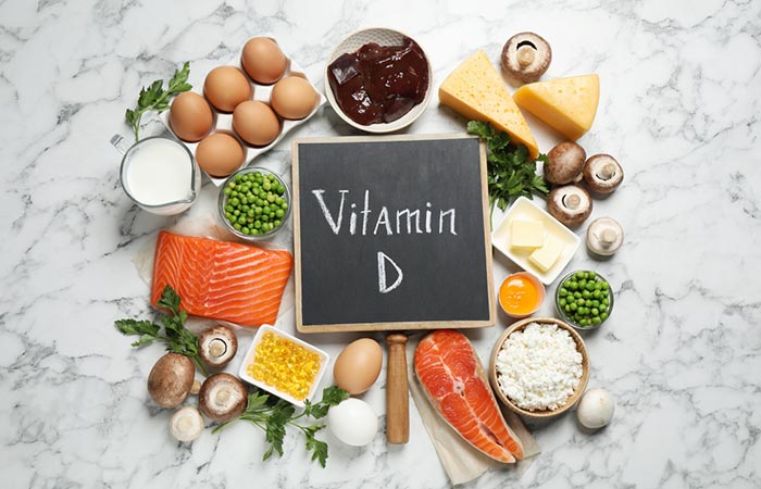 A spread of food items rich in Vitamin D for back acne