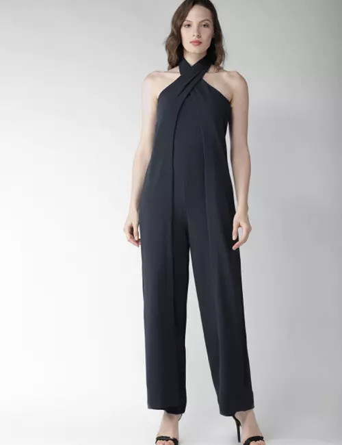 Navy blue halter neck formal jumpsuit