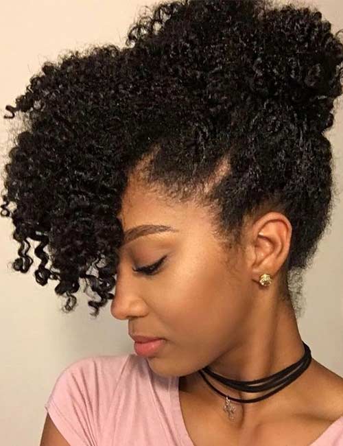High bun with curly bangs for 4a hair