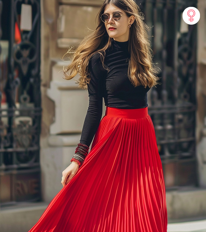 A woman wore a pleated skirt