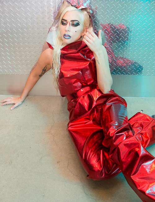 6. Lady Gaga Red PVC Jumpsuit
