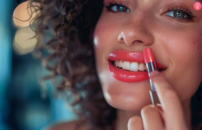 Woman-reapplying-lipstick-at-an-outdoor-location