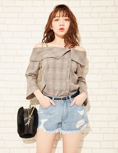 Plaid off-shoulder top with denim shorts from Japanese clothing brand Cecil McBee