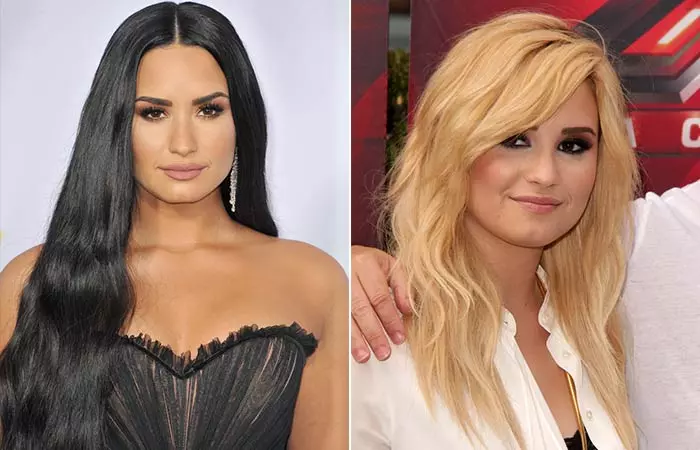 Demi Lovato with and without bangs