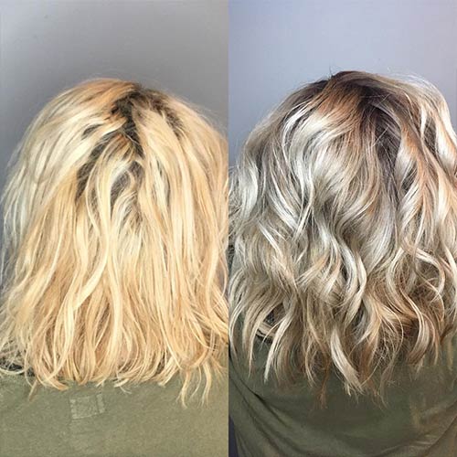 Before and after correcting the ashy blonde
