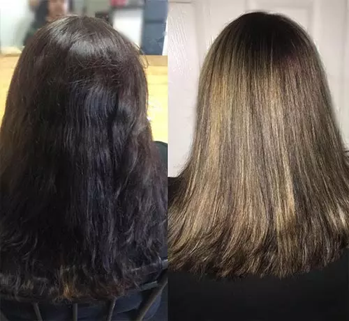 Before and after lightening the dark hair color