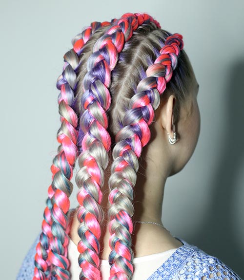 Multiple Dutch Braids With Colored Hair Extensions