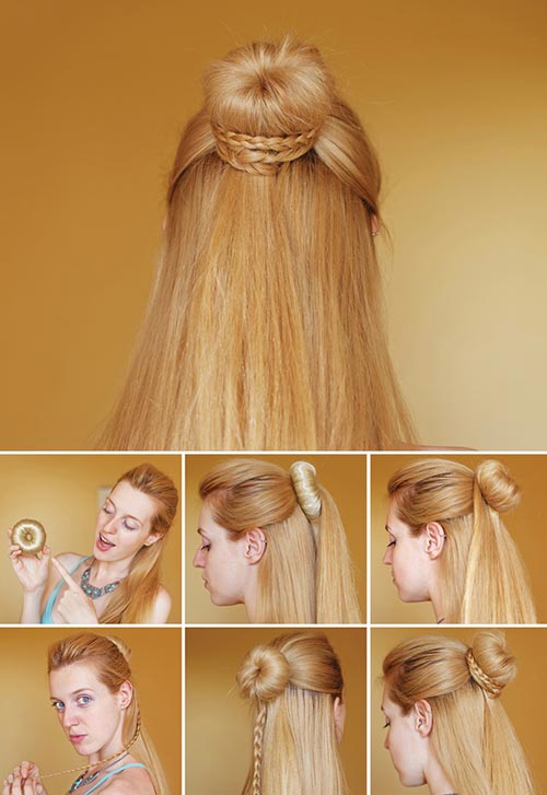 Donut half up-half down hairstyle with braid base