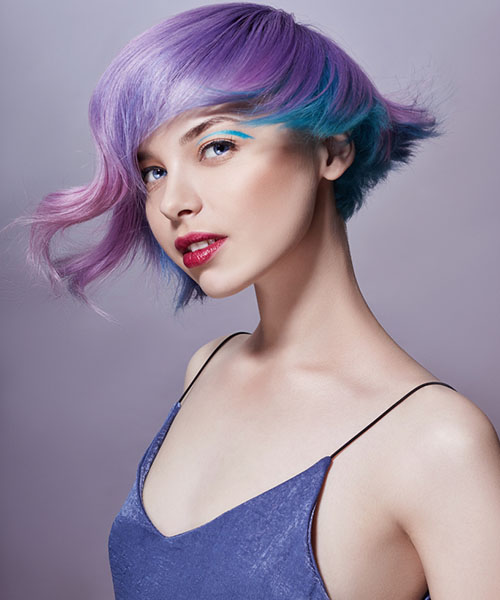 Inverted bob with purple curls