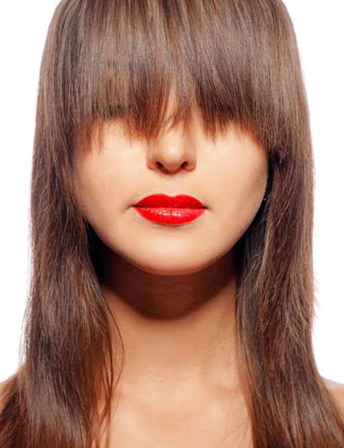 Blunt bangs hairstyle with feathered ends