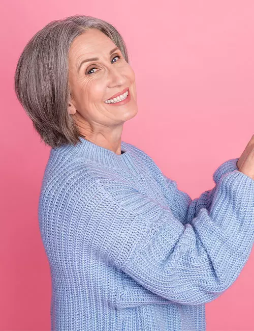A woman with a gray classic bob
