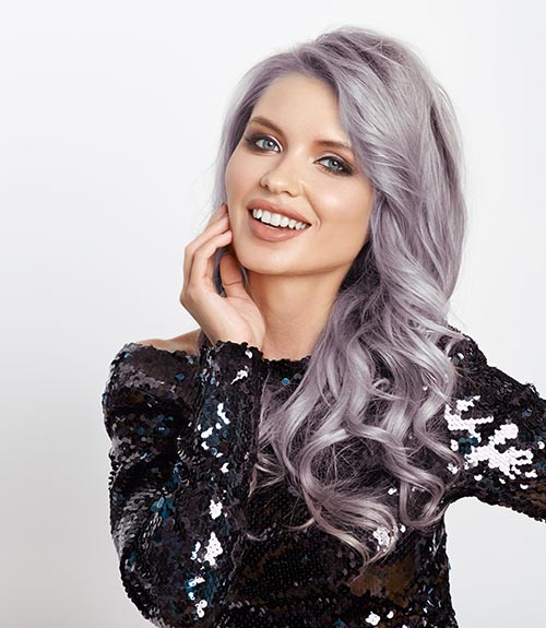 Side-Parted Silver Curls With Purple Hue