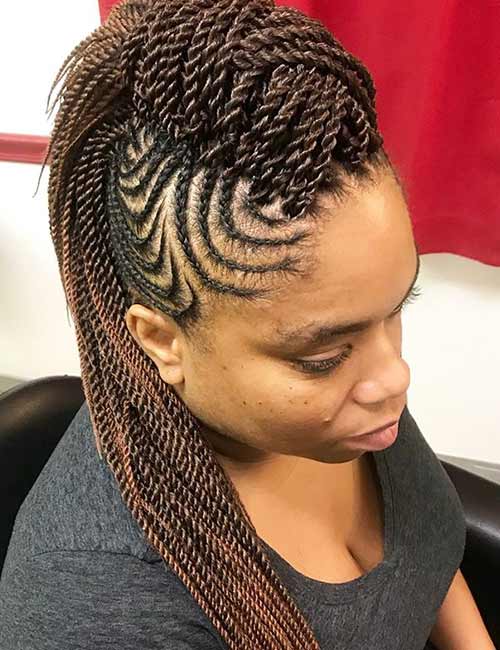Twisted cornrows braided mohawk hairstyle