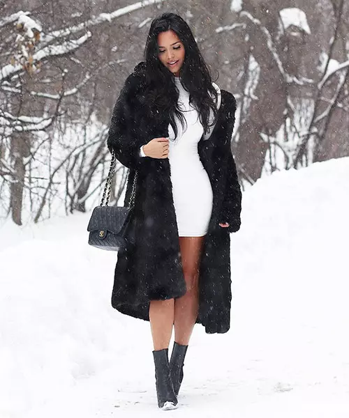 White dress and black faux fur jacket