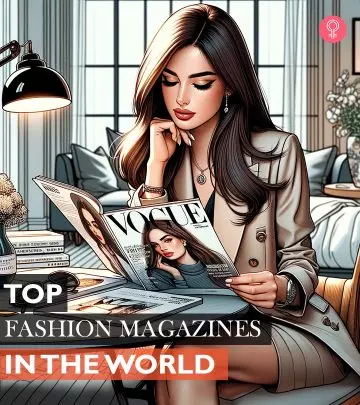 A fashionable woman reads a fashion magazine while seated at a coffee table
