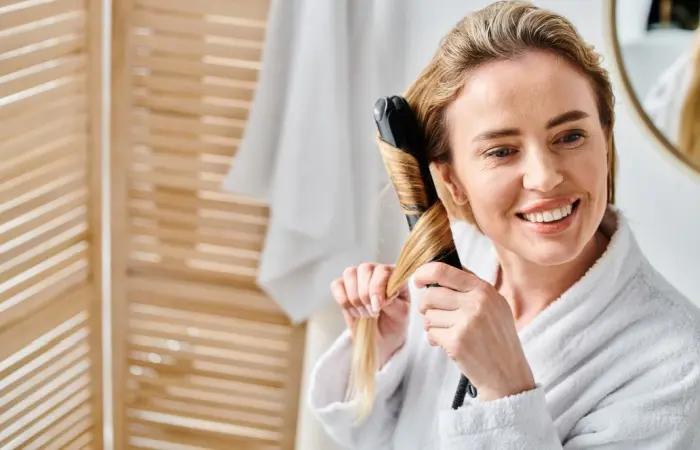 A woman using flat iron for beachy waves