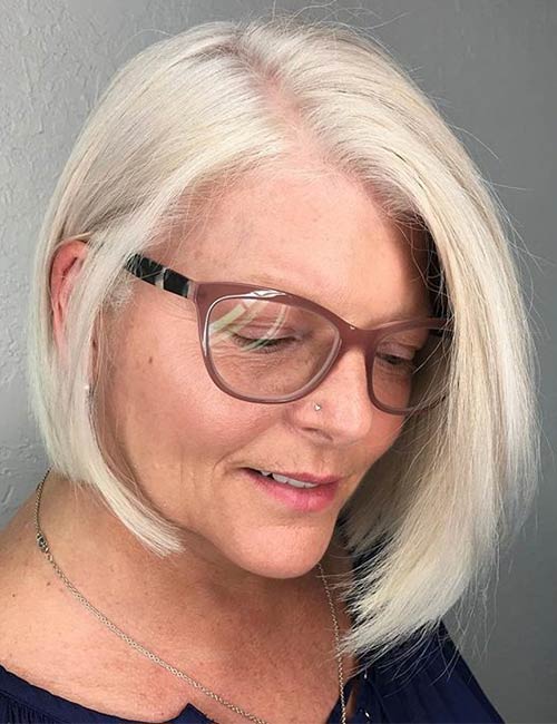 Asymmetrical wedge cut for older women with glasses