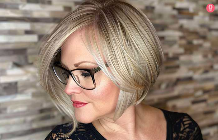 Asymmetrical bob hairstyle for older women with glasses