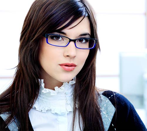 Deep bangs swept at the sides hairstyle for women with glasses