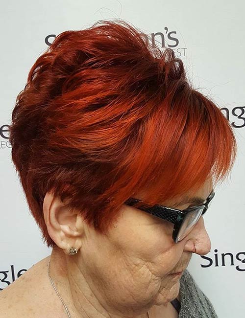 Dimensional pixie hairstyle for older women with glasses