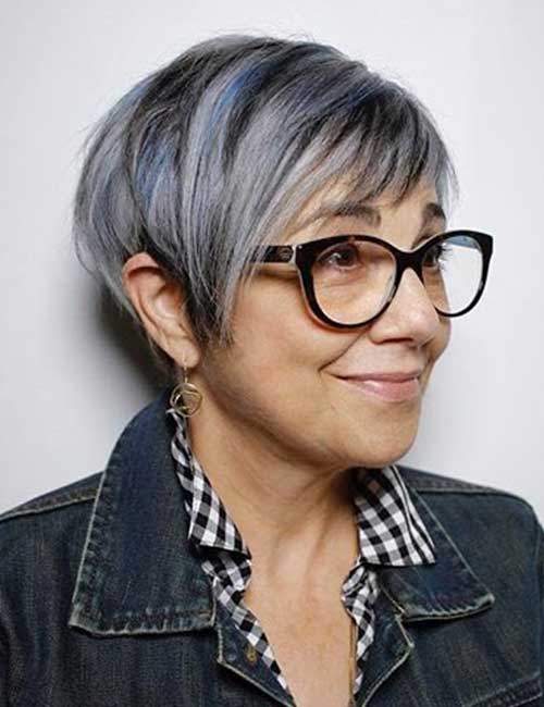Grown out pixie hairstyle for older women with glasses