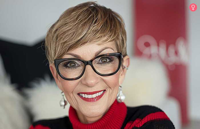 Grown out pixie hairstyle for older women with glasses