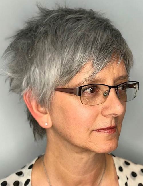 Messy pixie hairstyle for older women with glasses