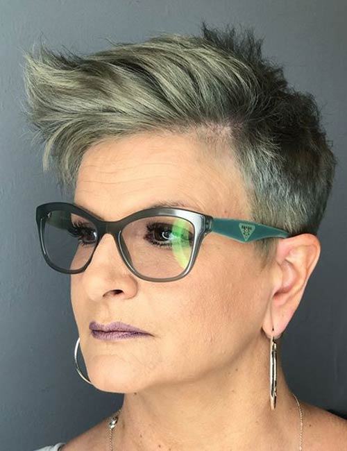 Mohawk pixie hairstyle for older women with glasses