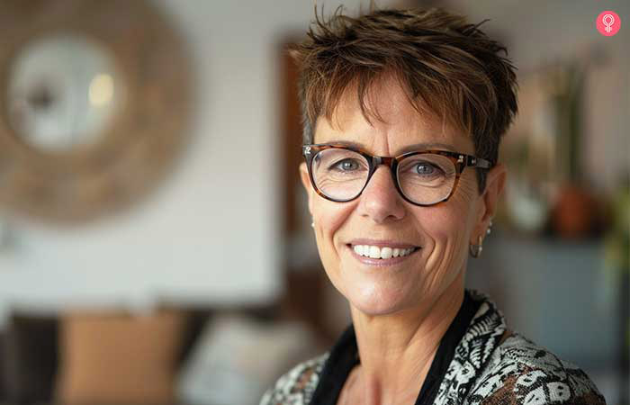 Mohawk pixie hairstyle for older women with glasses