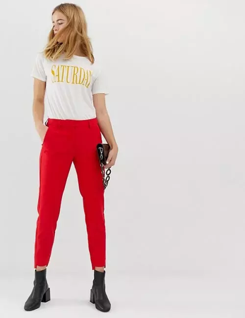 Red ankle length trousers and graphic t shirt