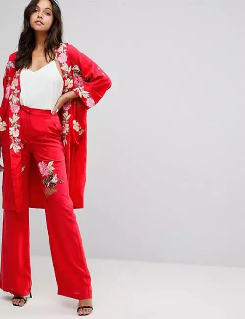 Red embroidered pants and kimono
