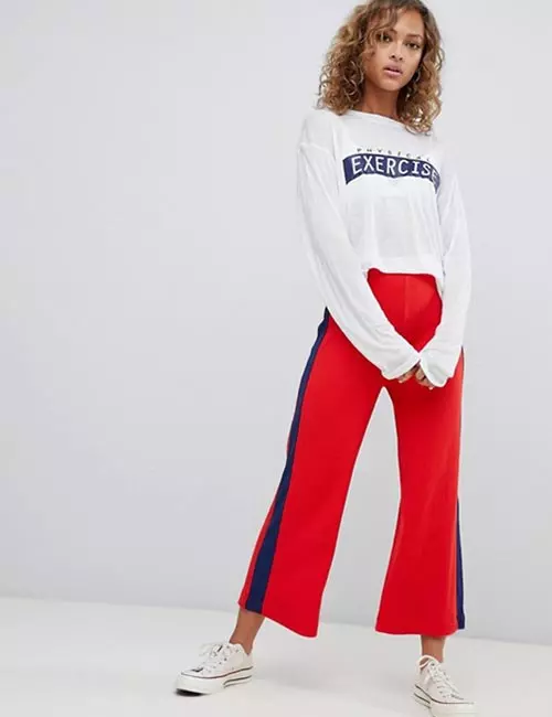 Red side stripe culottes with oversized tops