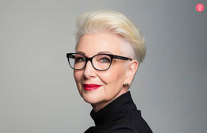 Slicked back pixie hairstyle for older women with glasses